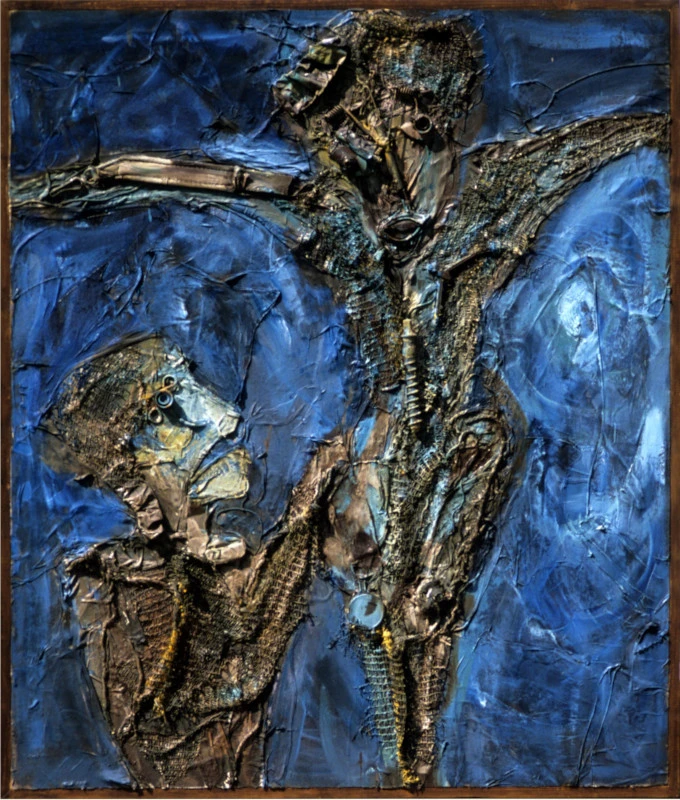 Collage von der Kreuzigung, gestaltet aus Abfall